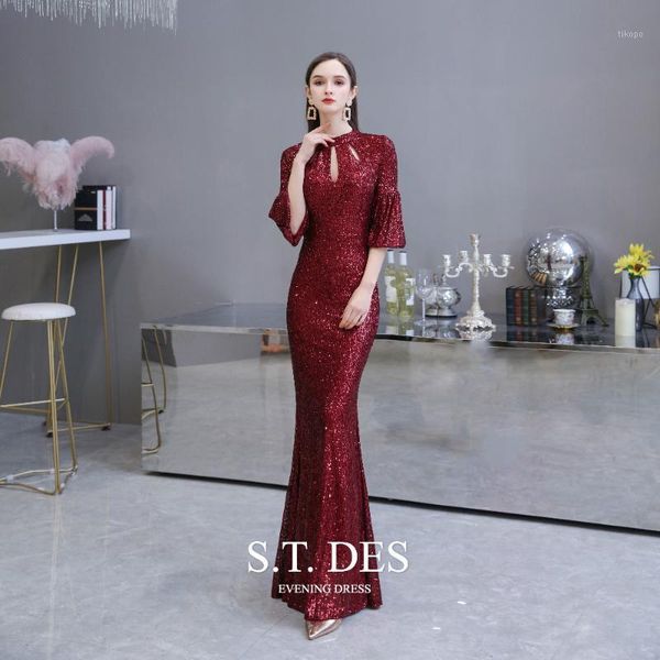 

party dresses 2021 s.t.des brillian burgundy jewel cut-out neck full sequins mermaid dress trumpet 1/2 long sleeves evening for woman1, White;black
