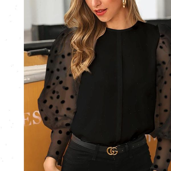

see through women mesh sheer blouse shirts o neck lace puff sleeve woman summer casual blouses female, White