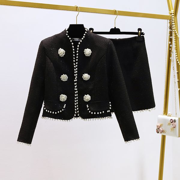 

2021 new autumn winter black tweed women beading pearls short woolen jacket coat + mini skirt set two piece outfits jb9d, Black;gray