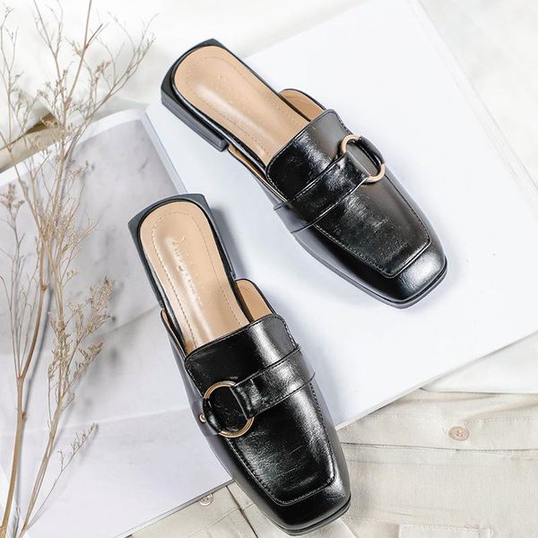 

slippers all-match metal ring woman cloesd toe mules slides low square heels flipflops sewing folds beach shoes outdoor, Black