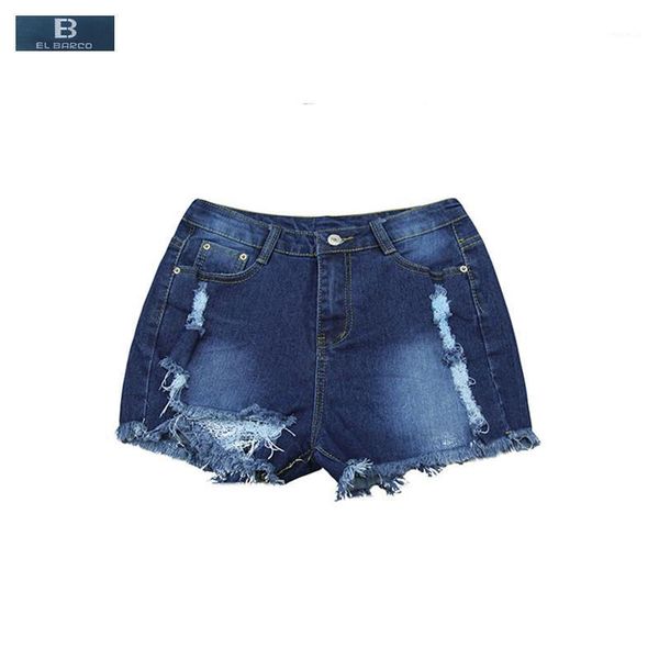 

[el barco] 2021 cotton ripped holes denim shorts jeans women summer pockets solid blue slim fitness female casual trousers women's, White;black