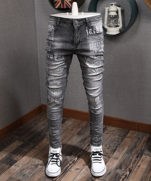 

2021 new autumn black gray slim-fit stretch tight ny pants style trendy brand washed printed men's denim jeans vp8c, Blue