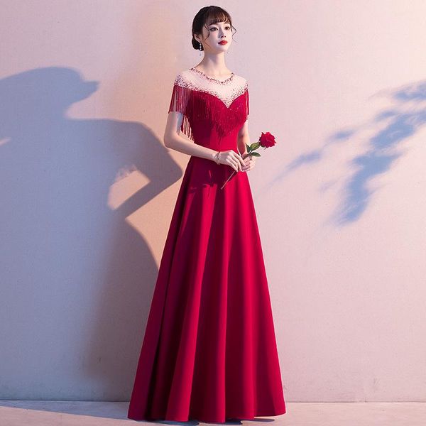 

ethnic clothing burgundy elegant o-neck long formal party dress office lady exquisite tassel a-line dresses diamonds trim backless banquet g, Red