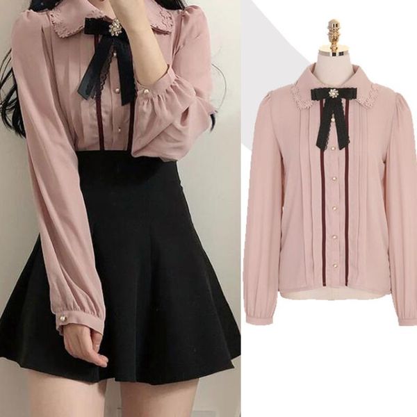

women's blouses & shirts spring fashion women long sleeve cute bow floral embroidery slim blouse vintage korea design button casual blu, White