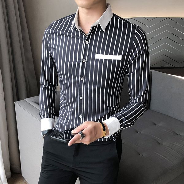 

new 5xl-m camisas listradas masculinas tamanho e manga longa moda 2021 primavera nova magro ajuste casual clube formal wear preto/branco ven, Black;brown