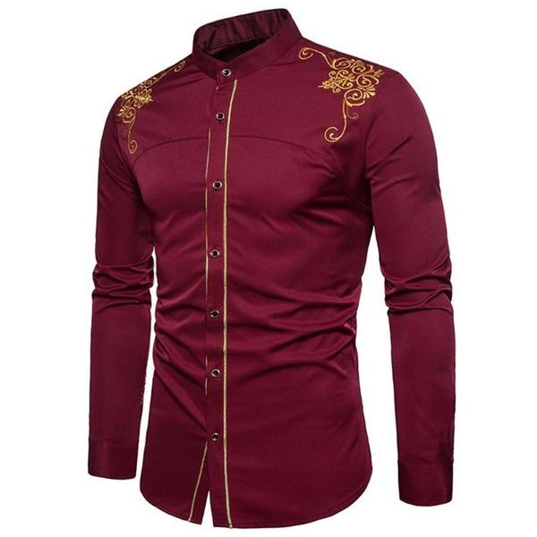 

men's casual shirts luxury shirt men fashion embroidery flower button stand collar long sleeve social mens blouse spring autumn, White;black