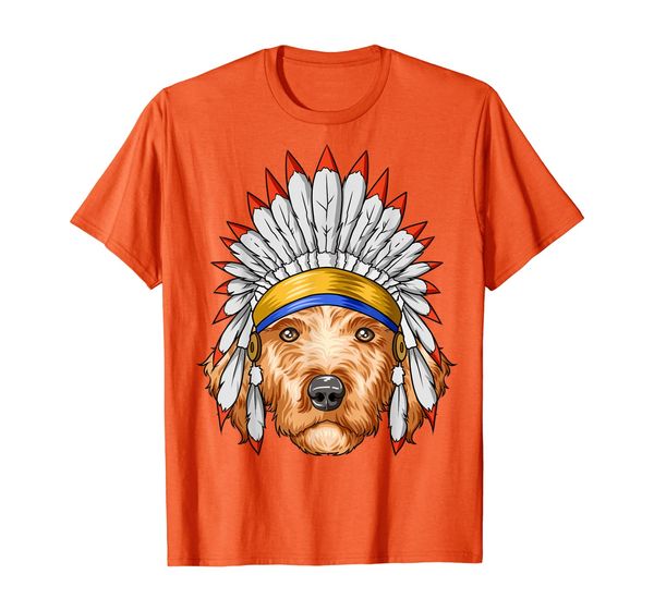 

native indian american goldendoodle feather headdress t-shirt, White;black