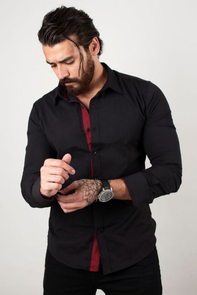 

Piping Collar Slim Fit Long Shirt 2101001 Cumj, White;black