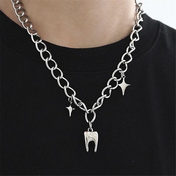 

chains punki stainless steel snake bone chain glittering four-pointed star teeth thick men and women necklace fashion hip hop cold wind, Silver