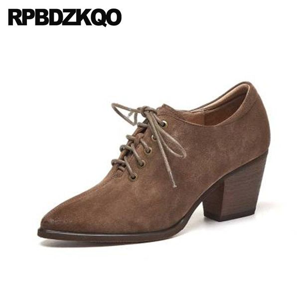 

dress shoes brown oxford retro pointed toe thick vintage genuine leather big size women pumps 2021 suede lace up  42 high heels, Black