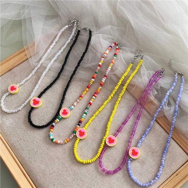 

pendant necklaces acrylic boho beaded clavicle for women girls jewelry korean ins sweet colorful little beads chain choker love ceramic, Silver