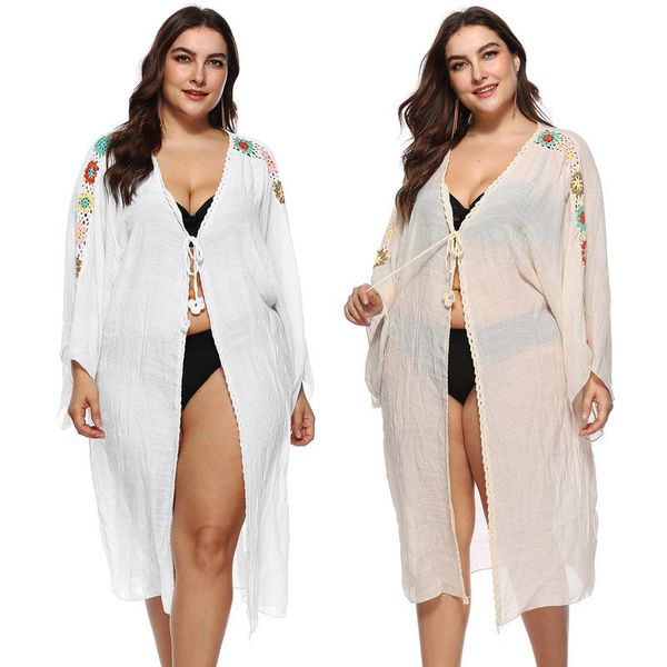 

beach cover women's tunic woman cover-up swimwear women ups saida beachwear ladies long sleeve lace flower stitching skirt dress, White;black