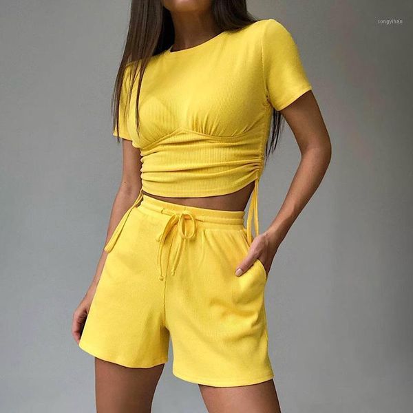 

fashion casual knitted suits women elegant o neck side drawstring tshirts suit elastic waist sport shorts ladies women's tracksuits, Gray