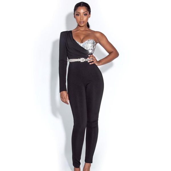 

women's jumpsuits & rompers ocstrade bodycon jumpsuit one shoulder sequin black 2021 women celebrity evening party club, Black;white