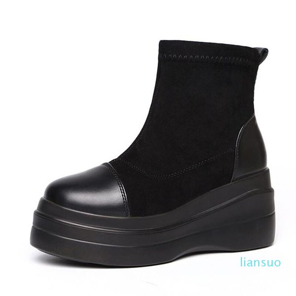 

boots thick-soled high-shoes women's autumn/winter korean version of platform all-match wedge elastic, Black