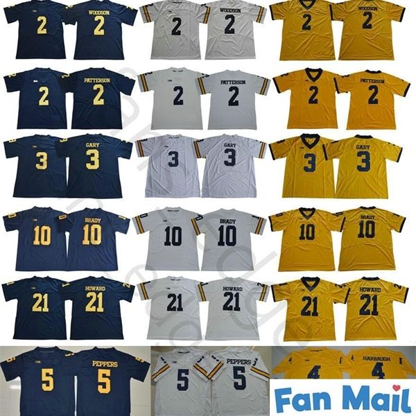 

michigan wolverines college 2 charles woodson shea patterson 4 jim harbaugh 5 jabrill peppers 21 desmond howard 10 tom brady football jersey, Black