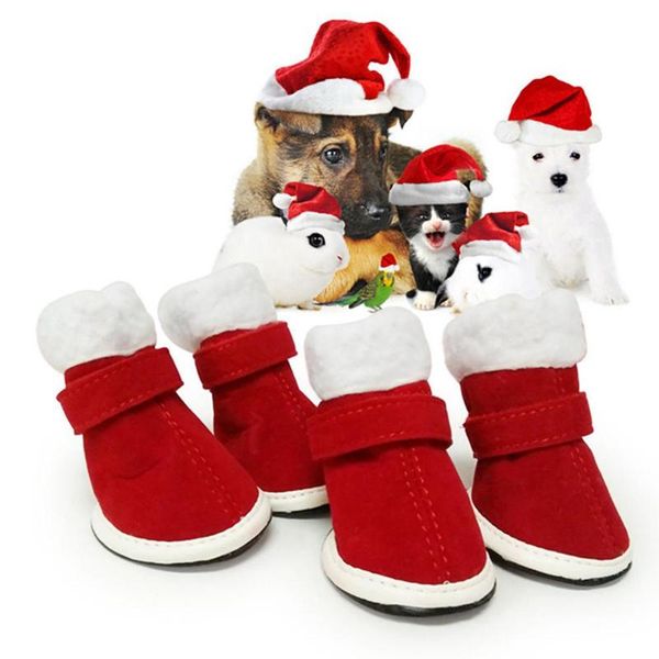 

dog apparel pet shoes winter super warm 4pcs/set christmas red nonslip magic sticker waterproof boots for small product