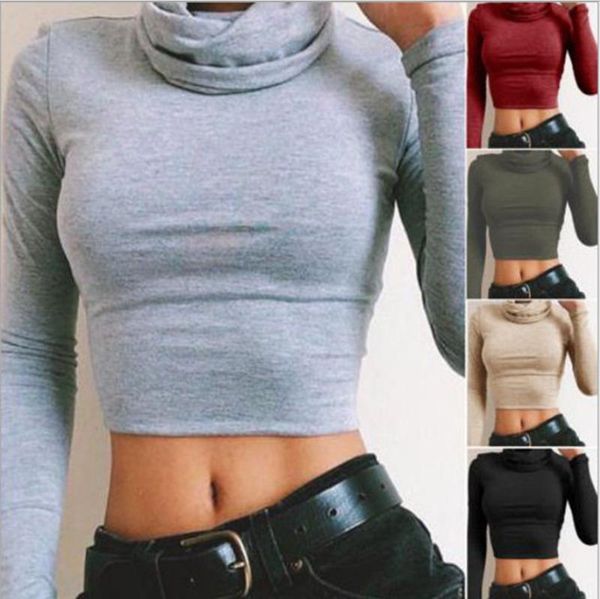 

women's sweaters womens turtle neck crop long sleeve plain short stretch t- shirts lotladies, White;black