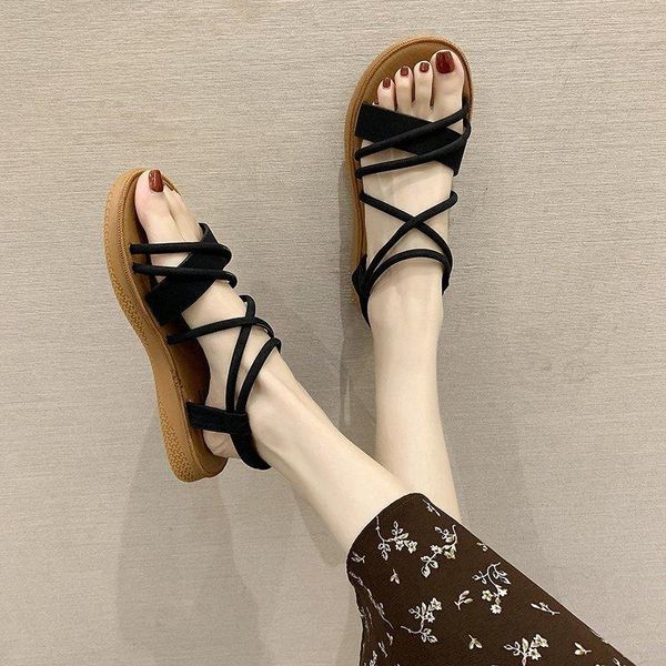 

sandals summer shoes ladies elastic ankle strap flat 2021 flower gladiator beach slippers m1798, Black