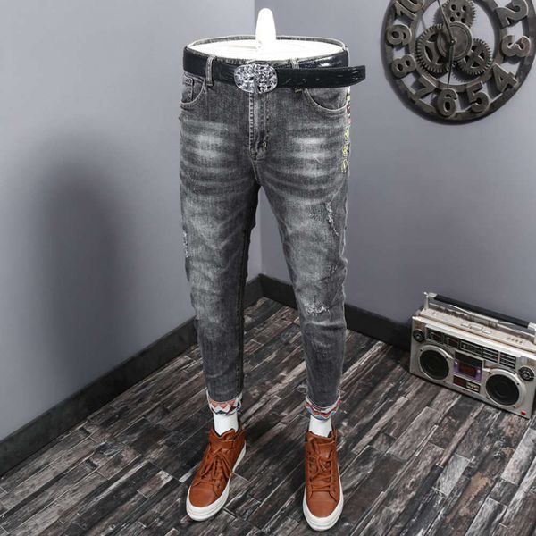 

jeans men's summer thin brand stretch slim korean fashion pants hole casual black gray leggings, Blue