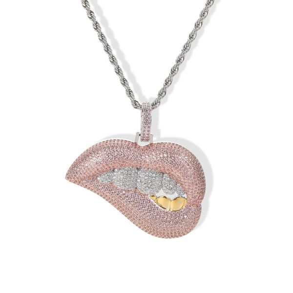 

bling pink lip pendant full cubic zirconia necklace with tennis chain hip hop fashion jewelry for men women gift, Silver