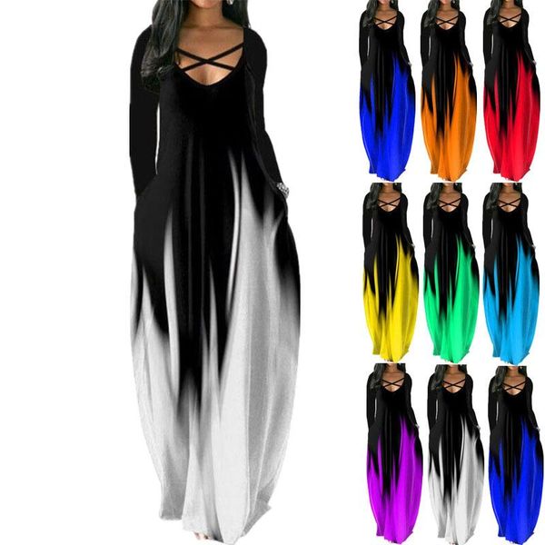 

casual dresses women's 2021 loose pocket boho vintage behole full long sleeve spring party beach maxi big large plus sizes, Black;gray