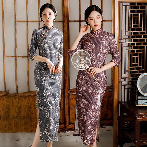 

ethnic clothing traditional women seven points sleeve velour qipao vintage oriental female long cheongsam chinese formal dress oversize 4xl, Red