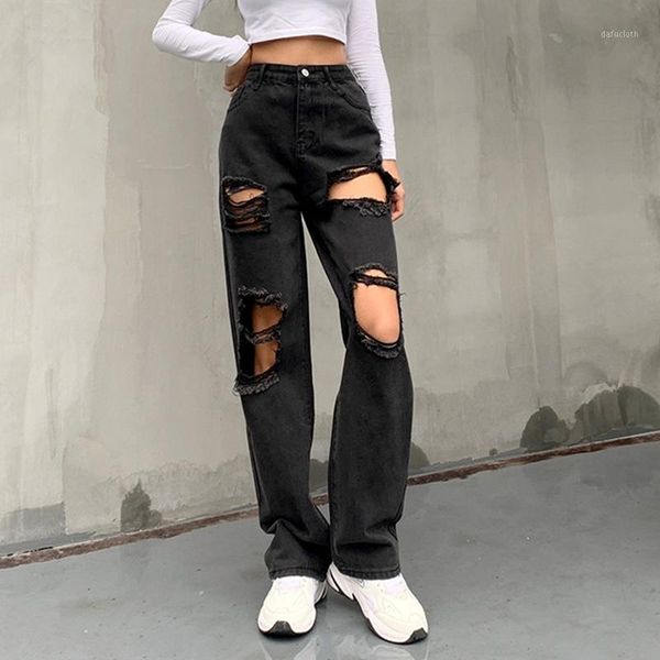 

women's jeans hole woman street casual style high waist denim ripped straight long pants button placket summer burrs edge lady, Blue