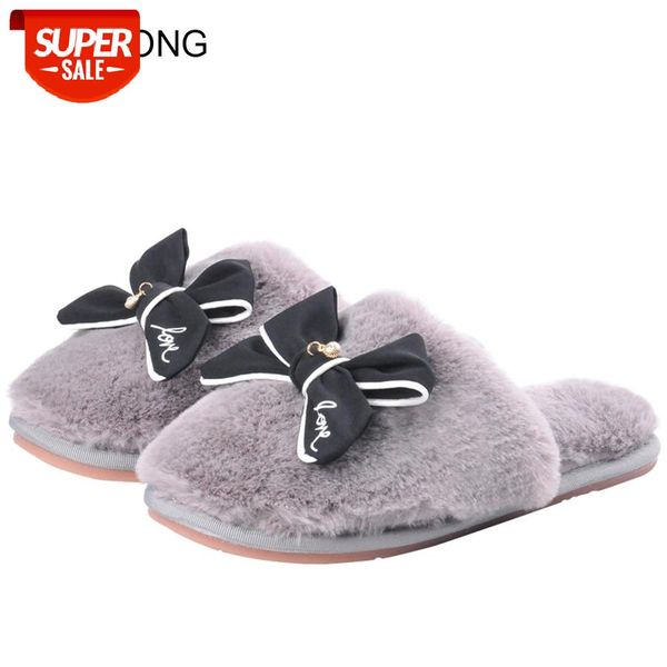

lcizrong winter faux fur plush slippers women warm sweet butterfly-knot home slippers comfortable black gray pink girl #8y13