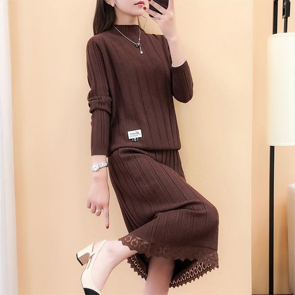 

runway knitted sweaters two piece women tracksuits set striped long sleeve pullover elastic waist package hip pencil skirt suits, Gray