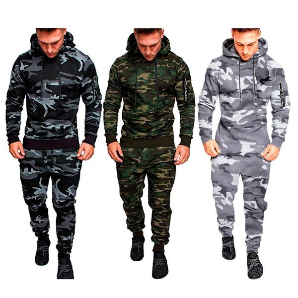 

men's tracksuits camo men tracksuit hooded outerwear hoodie set 2 pieces autumn sporting male fitness camouflage sweatshirts jacket + p, Gray