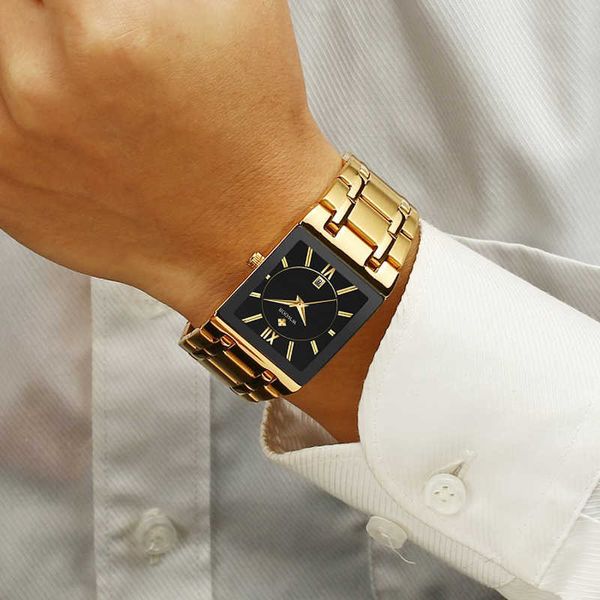 Top Brand Luxury Wwoor Black Square Quartz Водонепроницаемые золотые часы Men's 2019 G230529