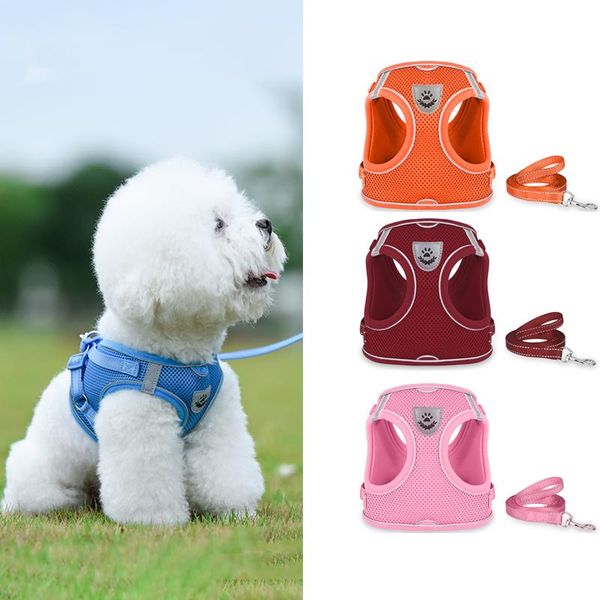 

dog collars & leashes small harness with leash summer pet adjustable safety reflective vest walking lead for puppy mesh pomeranian