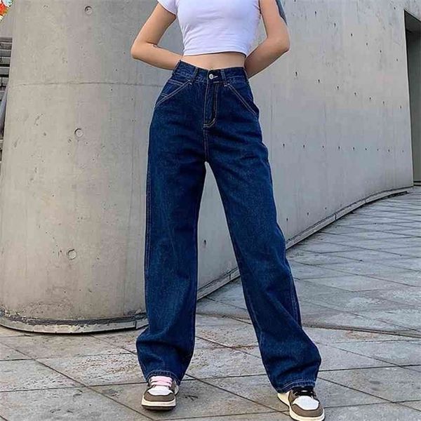 Retro Blaue Frau Jeans Kausal Lose Baggy Hohe Taille Dünne Taschen Cargo Hosen Reißverschluss Knopf Breite Bein Mujer Pantalones 210809