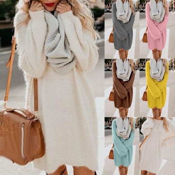 

women's sweaters chic women autumn solid color o neck sweater fluffy loose knee-length dress vestidos for fashion, White;black