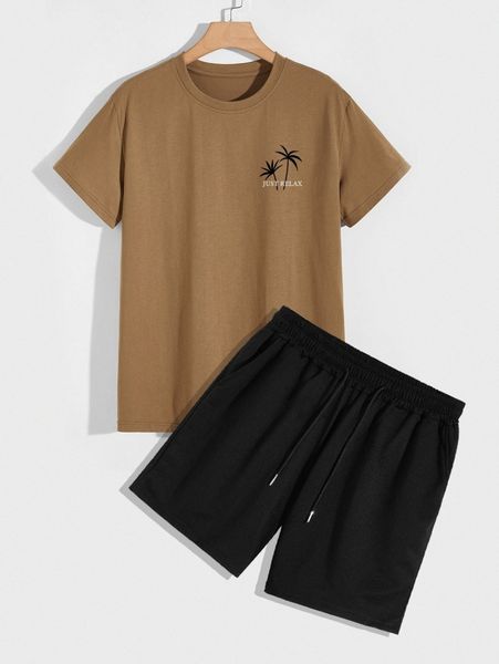 

romwe guys slogan & palm trees print tee & drawstring shorts g6kr#, Gray