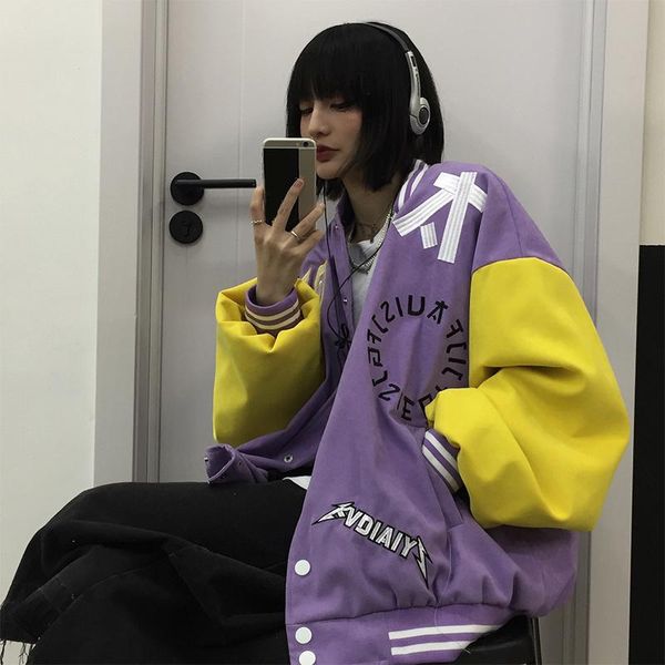 

women's jackets women embroidered baseball jacket round neck single-breasted color matching jackts streetwear casual couples uniform, Black;brown