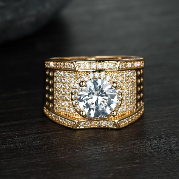 Hochzeit Ringe Luxus Domineering 18K Gold Runde Diamant Ring Für Männer Voller Mosaik Zirkon Party Schmuck Geschenk