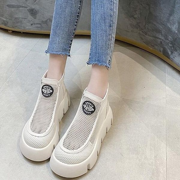 

boots female ankle thick bottom ladies shoes mesh patchwork breathable zip women footwear platform solid color fashion 2021, Black