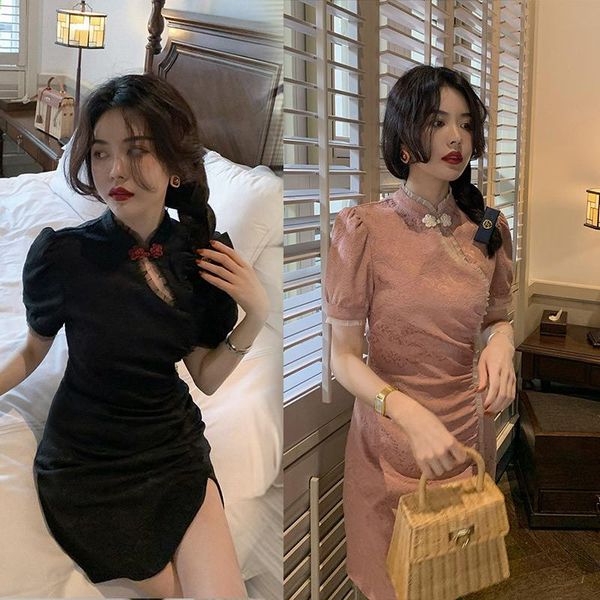 

ethnic clothing chinese cheongsam dresses slim lace up slit girl hollow out dress black gothic vintage skirts floral print solid color, Red