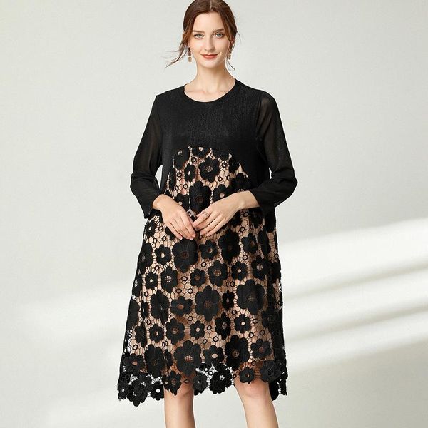 

xl to 4xl plus size floral dress embroidery lace hollow stitching spring autumn long sleeve dresses casual women clothing t7800, Black;gray