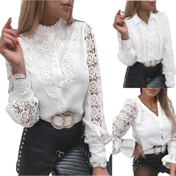 

women's blouses & shirts elegant ruffled lace splicing white 2021 spring women hollow out long sleeves office korean shirt blusas