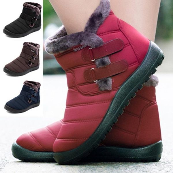 

boots 2021 large size women snow ankle hook look fur plush inside waterproof down winter shoes platform non slip, Black