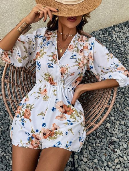 

floral print lantern sleeve romper c7nd#, White