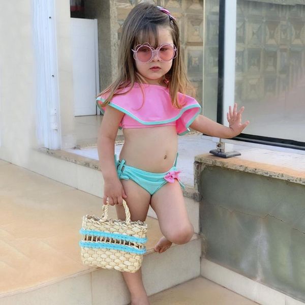 

one-pieces child kids girl bikinis summer baby girls ruffles swimsuits two piece solid swimwear beach bikini outfits, Black