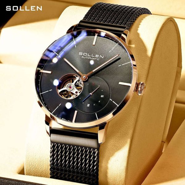 

watch sollen solon men's mechanical automatic movement hollow trend fashion concept, Slivery;brown