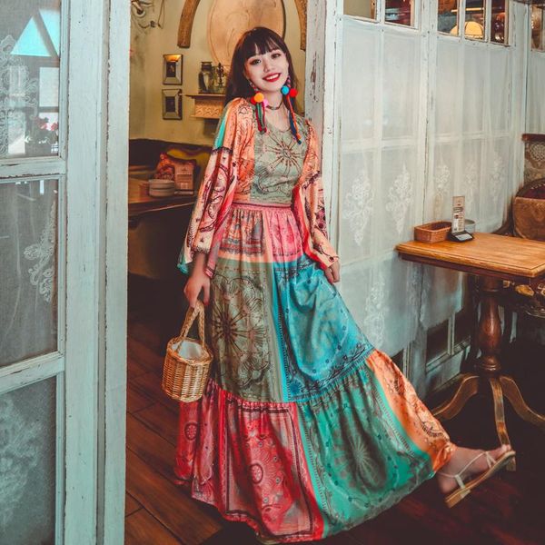 

casual dresses 2021 flare three quarter sleeve long maxi bohemia national trend beach dress vintage printed patchwork o-neck, Black;gray