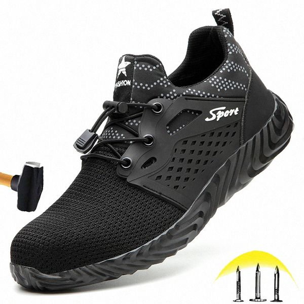 

men's safety breathable work shoes men's puncture-proof steel toe cap work shoes indestructible safety boots anti-smashing h422#, Black