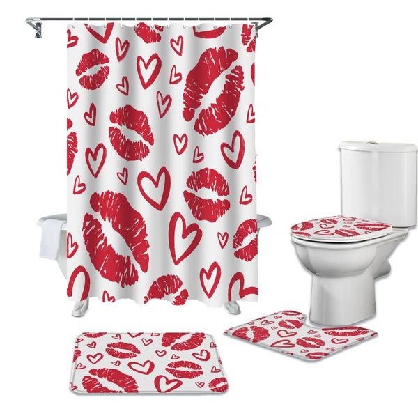 

valentine's day love red lips waterproof bathroom curtain durable shower curtains set rugs toilet lid cover bath mat