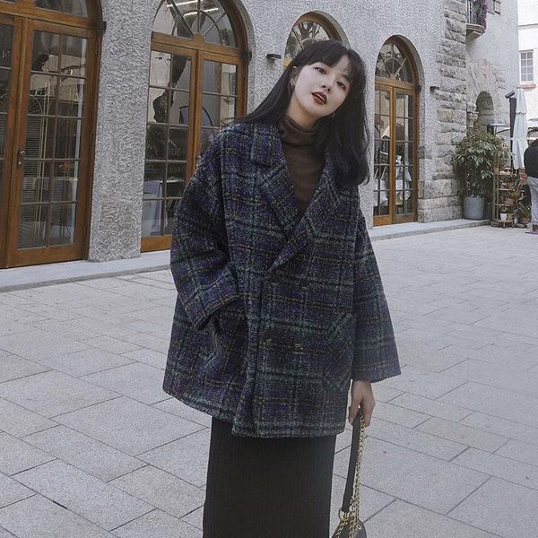 

women's trench coats nice spring woman short loose woolen coat double breasted plaid suit autumn casual oversize female, Tan;black